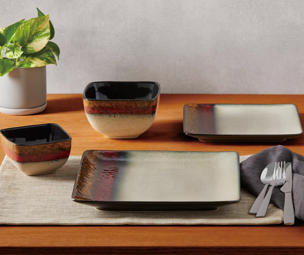 Red, Gold & Cream Square 16-Piece Stoneware Dinnerware Set 4 Red, Gold & Cream Square 16-Piece Stoneware Dinnerware Set - Image 2