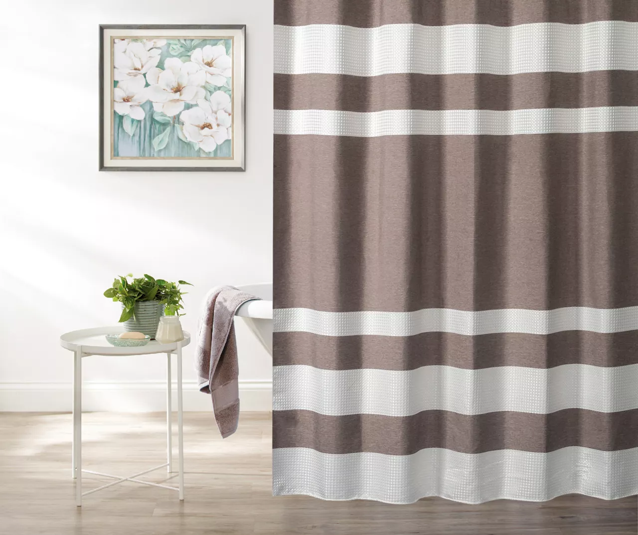 Tan & White Embossed Waffle Striped Shower Curtain 3 Tan & White Embossed Waffle Striped Shower Curtain