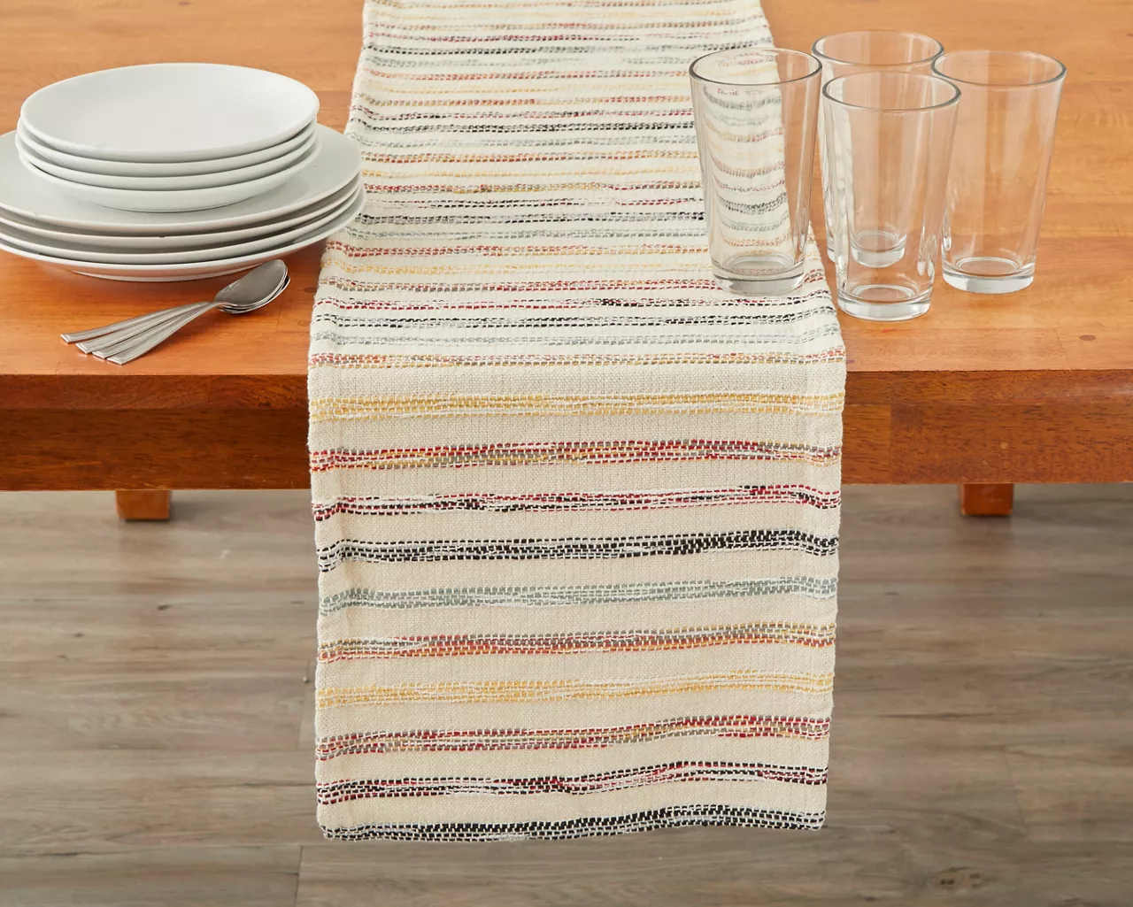 Beige & Multicolor Stitched Stripe Table Runner 3 Beige & Multicolor Stitched Stripe Table Runner