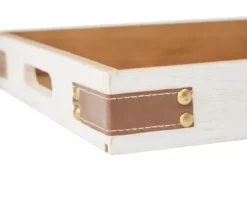White Decorative Tray With Brown Faux Leather Accents 6 White Decorative Tray With Brown Faux Leather Accents -Finest Furniture Store 810552397 2