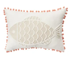 Tan & White Fish Throw Pillow With Pom-Pom Trim