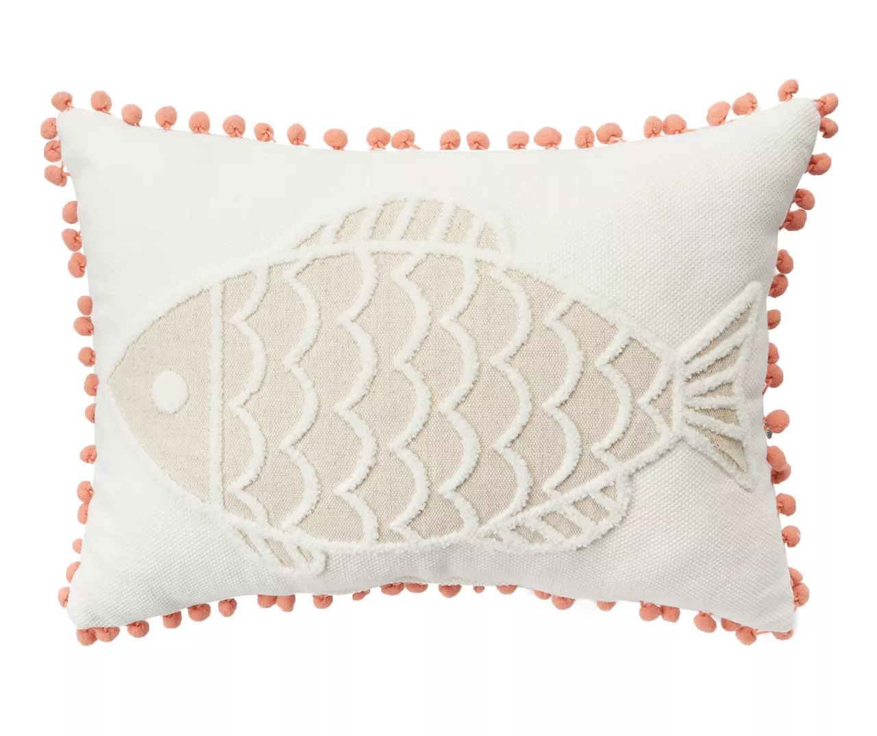 Tan & White Fish Throw Pillow With Pom-Pom Trim 3 Tan & White Fish Throw Pillow With Pom-Pom Trim
