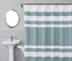 Slate Blue & White Color Block Waffle-Knit Fabric Shower Curtain