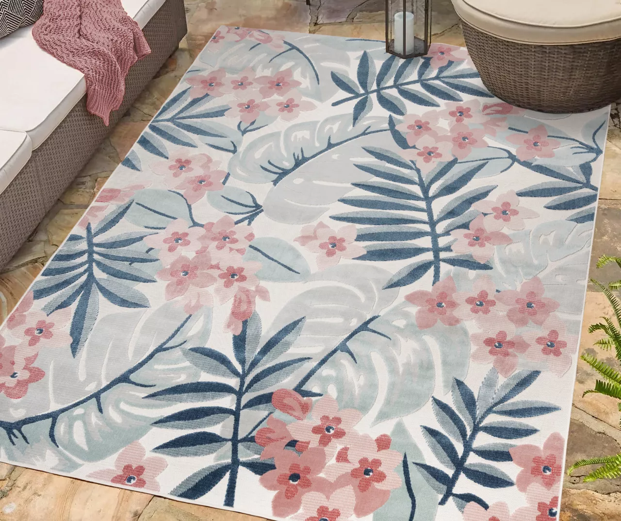 Nauru Blue & Pink Floral Outdoor Area Rug, (8' X 10') 4 Nauru Blue & Pink Floral Outdoor Area Rug, (8' X 10') - Image 2