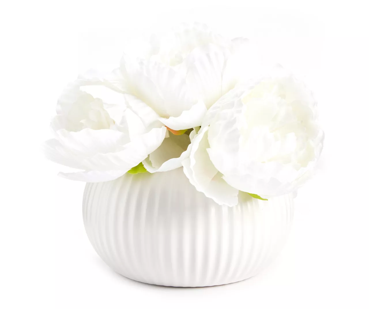 White Artificial Peony Arrangement In White Ridged Ceramic Pot 3 White Artificial Peony Arrangement In White Ridged Ceramic Pot