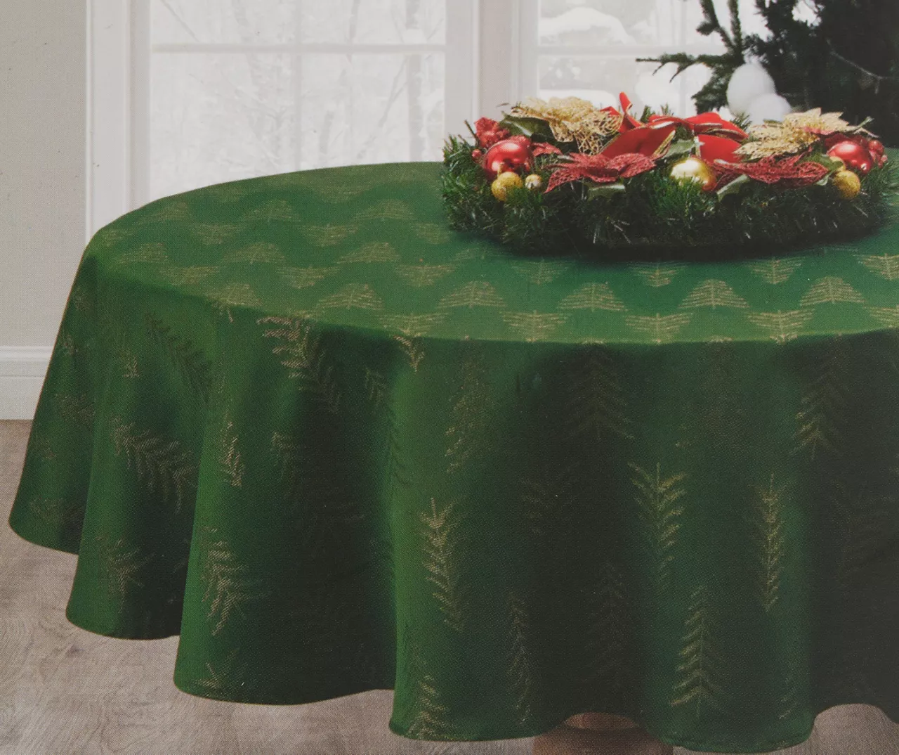 Broyhill Festive Gathering Green & Gold Trees Fabric Tablecloth 4 Broyhill Festive Gathering Green & Gold Trees Fabric Tablecloth - Image 2
