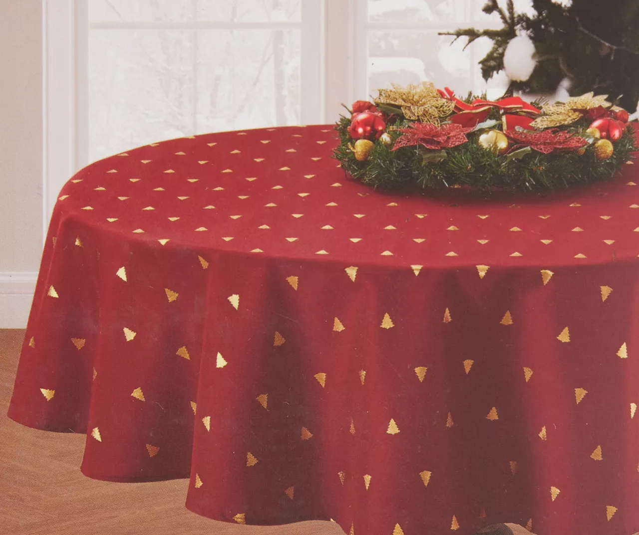 Broyhill Festive Gathering Red & Gold Foil Trees Fabric Tablecloth 4 Broyhill Festive Gathering Red & Gold Foil Trees Fabric Tablecloth - Image 2