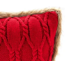 Red Cable-Knit Faux Fur-Trim Throw Pillow -Finest Furniture Store 810617278 A8 1